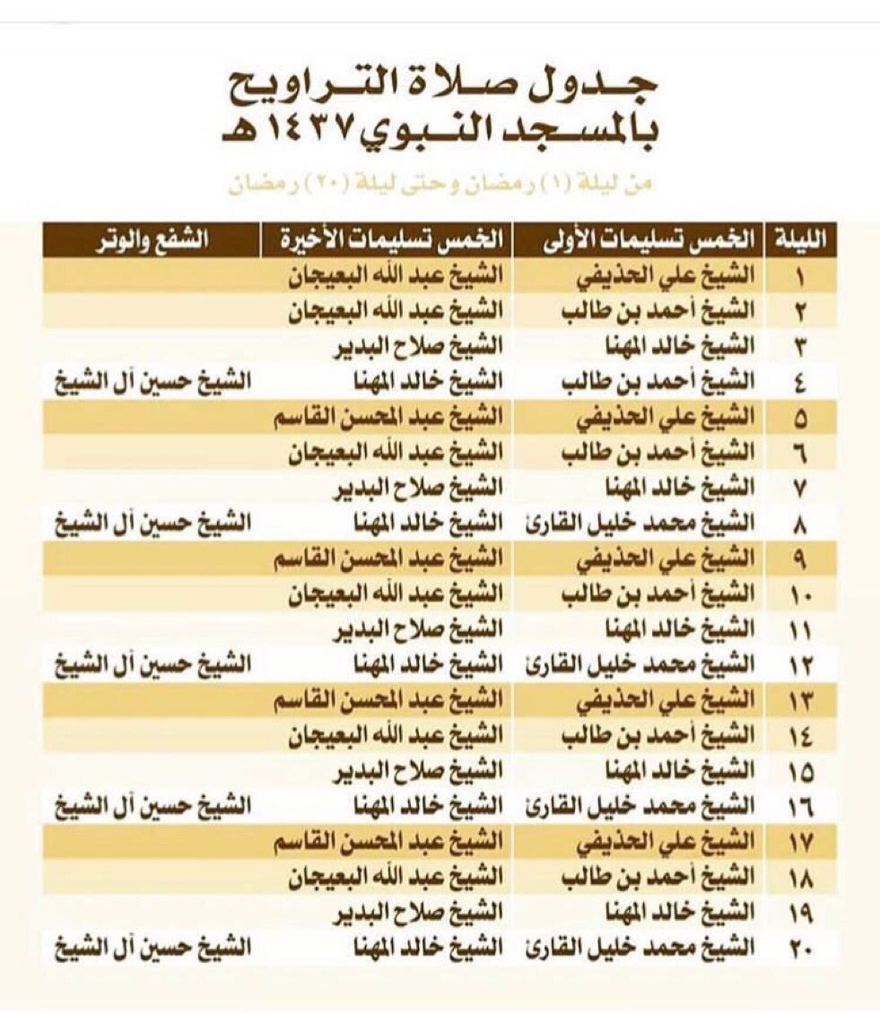 medinti's tweet photo. 🔴جدول صلاة التراويح بـالمسجد النبوي الريف لعام 1437هـ بعد تكليف الشيخ محمد خليل قارئ .
#المدينة_المنورة https://t.co/vyExOH2yoq