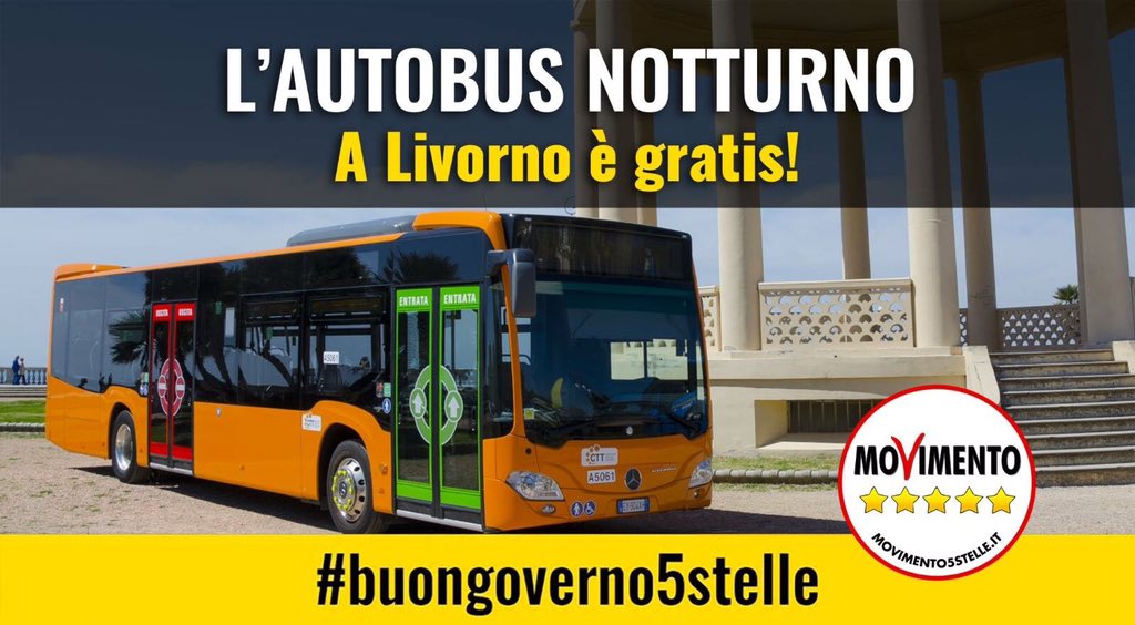 carlosibilia's tweet photo. #buongoverno5stelle. Autobus notturno gratuito a Livorno. Immaginate cosa faremo a #Roma e #Torino. #CambiamoTutto https://t.co/3KyLZMkiFE