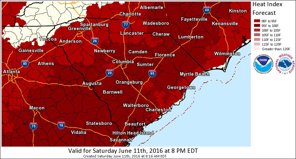 NWSColumbia's tweet photo. High temps &amp; heat index well over 100 this weekend. Be safe! Info: https://t.co/zL8LDOuOH7 #scwx #gawx #caewx https://t.co/TcWh4ozrIh