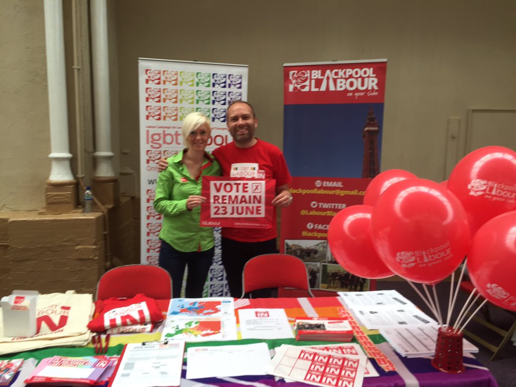 LGBTLabourNW's tweet image. We're here @bpoolpridefest with @LabourBlackpool - both campaigning to #VoteRemain! #LabourInForBritain