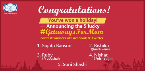 coxandkingsIN's tweet photo. Congratulations winners!
Please DM us your details and we will get in touch with you.
#GetawaysForMom #contest https://t.co/ZTeqBAT3ND