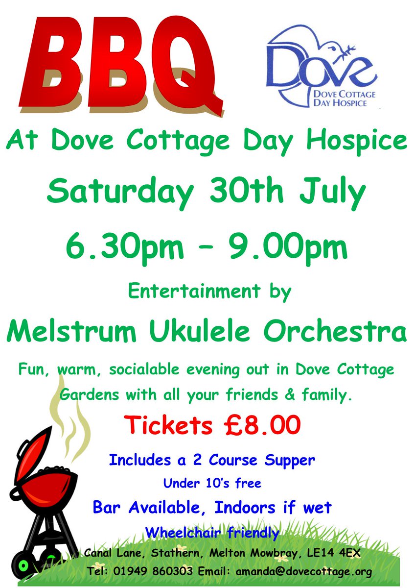 DoveCottageHosp's tweet photo. Summer BBQ at Dove Cottage on Sat 30th July, 6.30-9pm. Entertainment by Melstrum Ukulele Orchestra. Tickets on sale! https://t.co/VBQkk0ZMSm