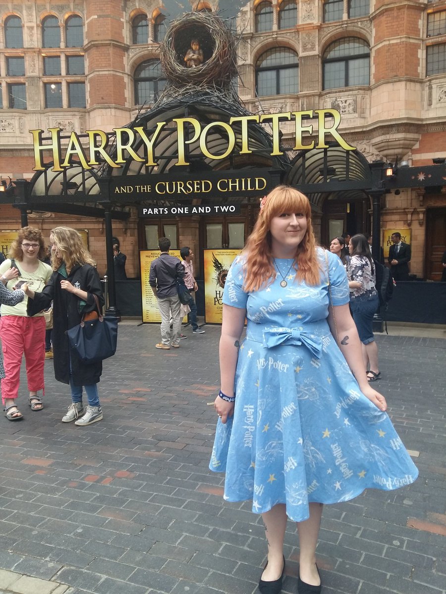 LaraGrace's tweet photo. In the que for @HPPlayLDN in the dress I made myself! @jk_rowling hope you don't mind me recycling the curtains! https://t.co/ZQgeeDIjAF