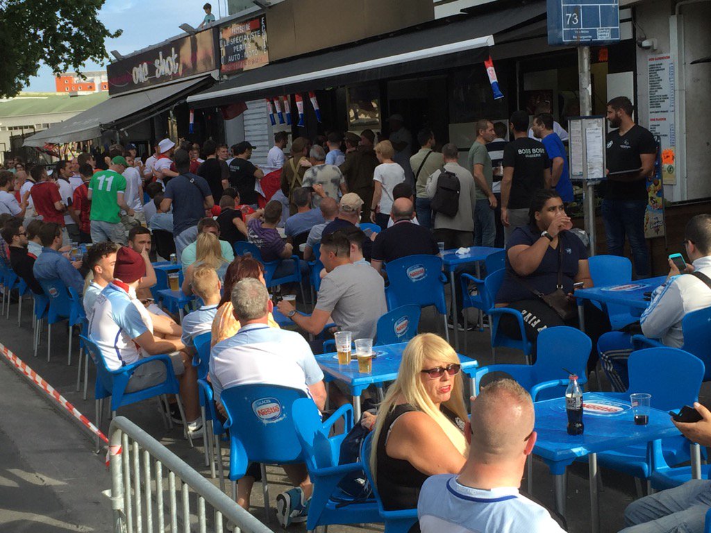The story you won't hear. Vast majority of England fans enjoying a beer without trouble in Marseille.