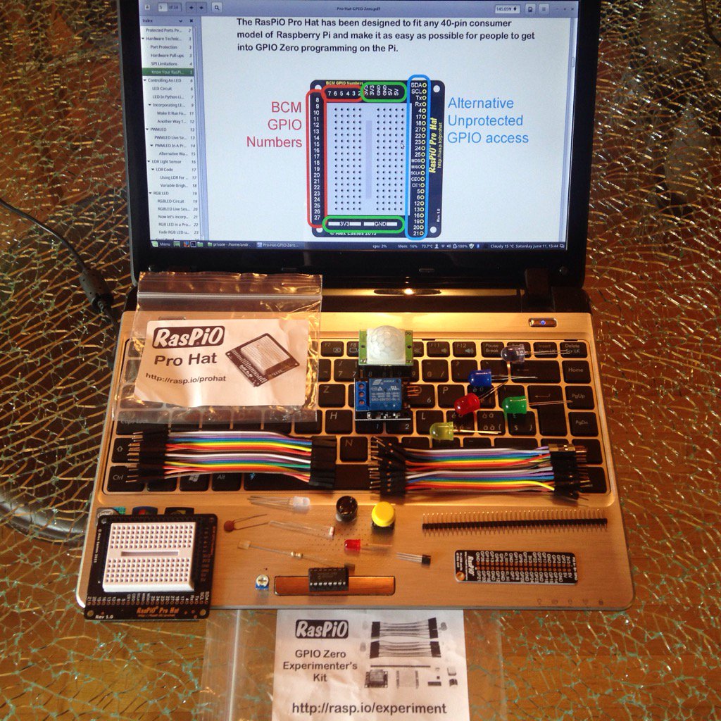 kruthoff's tweet photo. Yeah I got my #raspio #prohat today. And lot's of stuff for experimenting and joy! Thanks @RasPiTV https://t.co/q0CVBA2Sbf