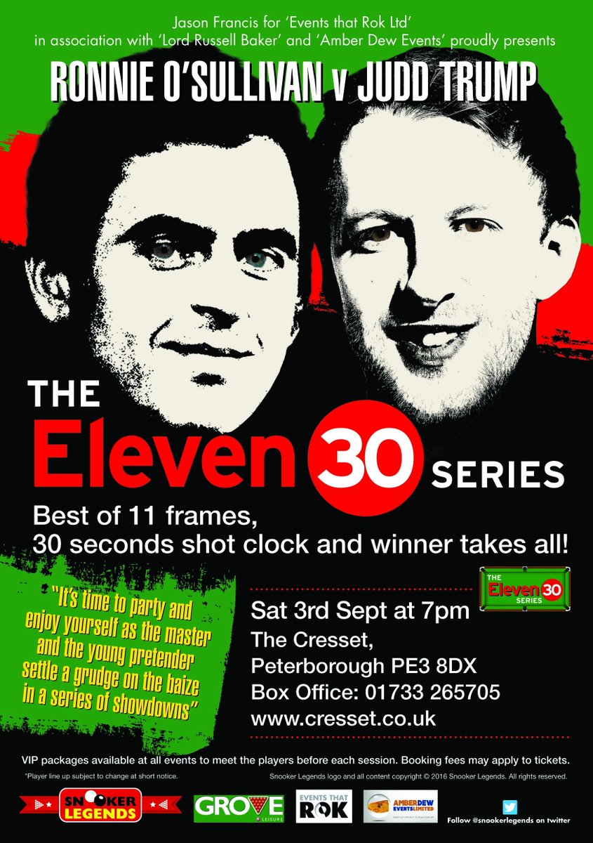 Worlds greatest #snooker star Ronnie O'Sullivan to face Judd Trump in the Eleven 30 Series @TheCresset #Peterborough
