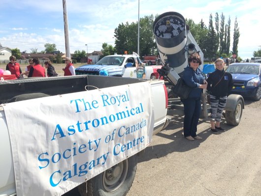 CalgaryRASC's tweet photo. All ready to go with the 20" telescope. Vulcan's #SpockDays parade is now! With @Vulcantourism https://t.co/05nwKtyScZ