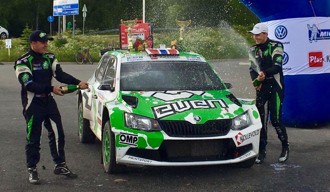OCVeiby's tweet photo. Podium celebrations and champagne spray for the winners of #EnsetRalli !! Thanks @Printsport1 for a fab car! #Skoda https://t.co/Rely9UnZOX