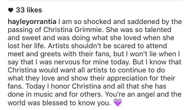hayleyorrantia's tweet photo. We love you Christina. 💜 #RIPChristinaGrimmie https://t.co/09iw0Z69F8