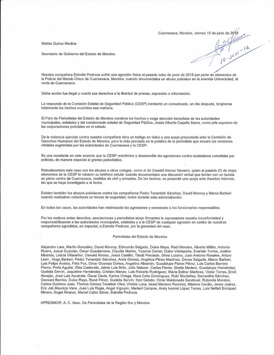 Tlaorocio's tweet photo. Más de cien periodistas de #Morelos nos unimos con la exigencia de que cesen agresiones a reporter@s pronunciamiento https://t.co/zOxYlQrT2E
