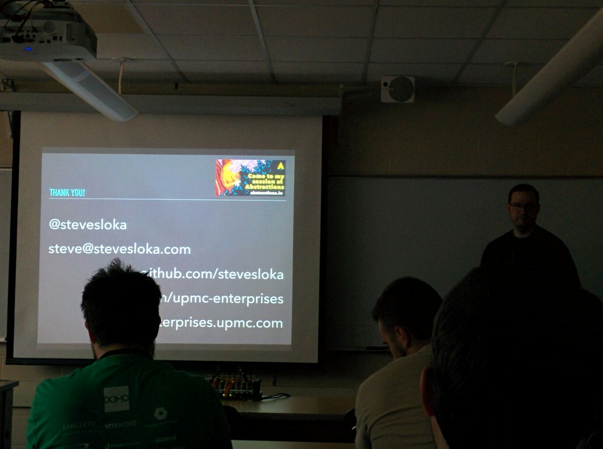 colindean's tweet image. A wild @abstractionscon sighting at #pghtechfest in @stevesloka&apos;s slides. He&apos;s speaking there, too!