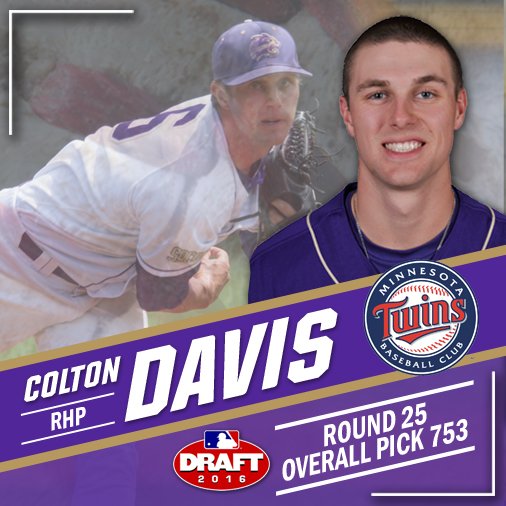 Catamounts's tweet photo. Congrats to #WCUBaseball RHP Colton Davis, drafted by the Minnesota @Twins in the 25th round of the 2016 #MLBDraft. https://t.co/d5mOnUxoPn