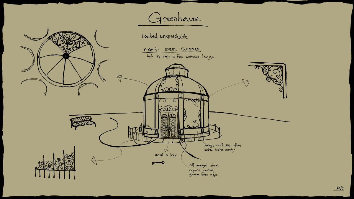 FatSunSoftware's tweet image. A suspicious greenhouse, church/crypt, and a townhouse that appears from nowhere. Concept art for an upcoming game.
