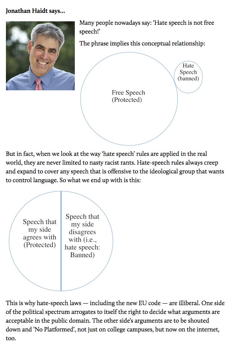 michaelshermer's tweet image. Hate speech is free speech not &quot;ideas I don&apos;t like&quot; speech spiked-online.com/newsite/articl… Accurately diagramed by @JonHaidt