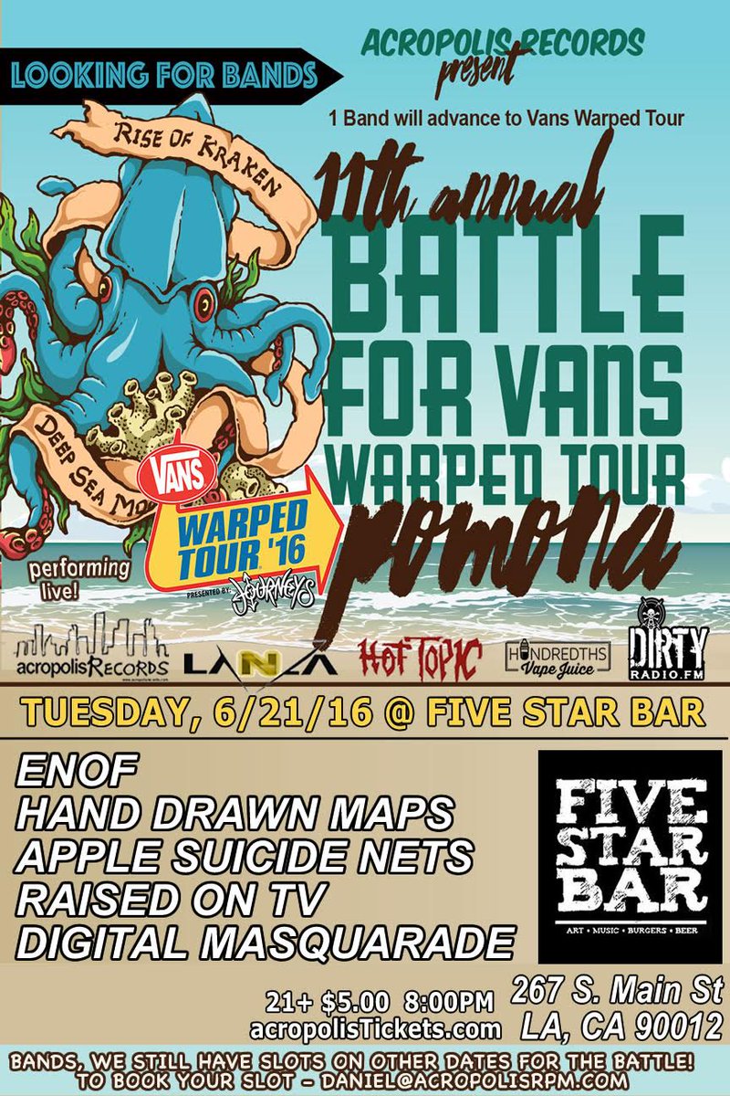 raisedontv's tweet photo. We're playing the battle for @VansWarpedTour June 21st! Come check it out if you're free! #acropolisrpm #raisedontv https://t.co/uoxvLy8BIM