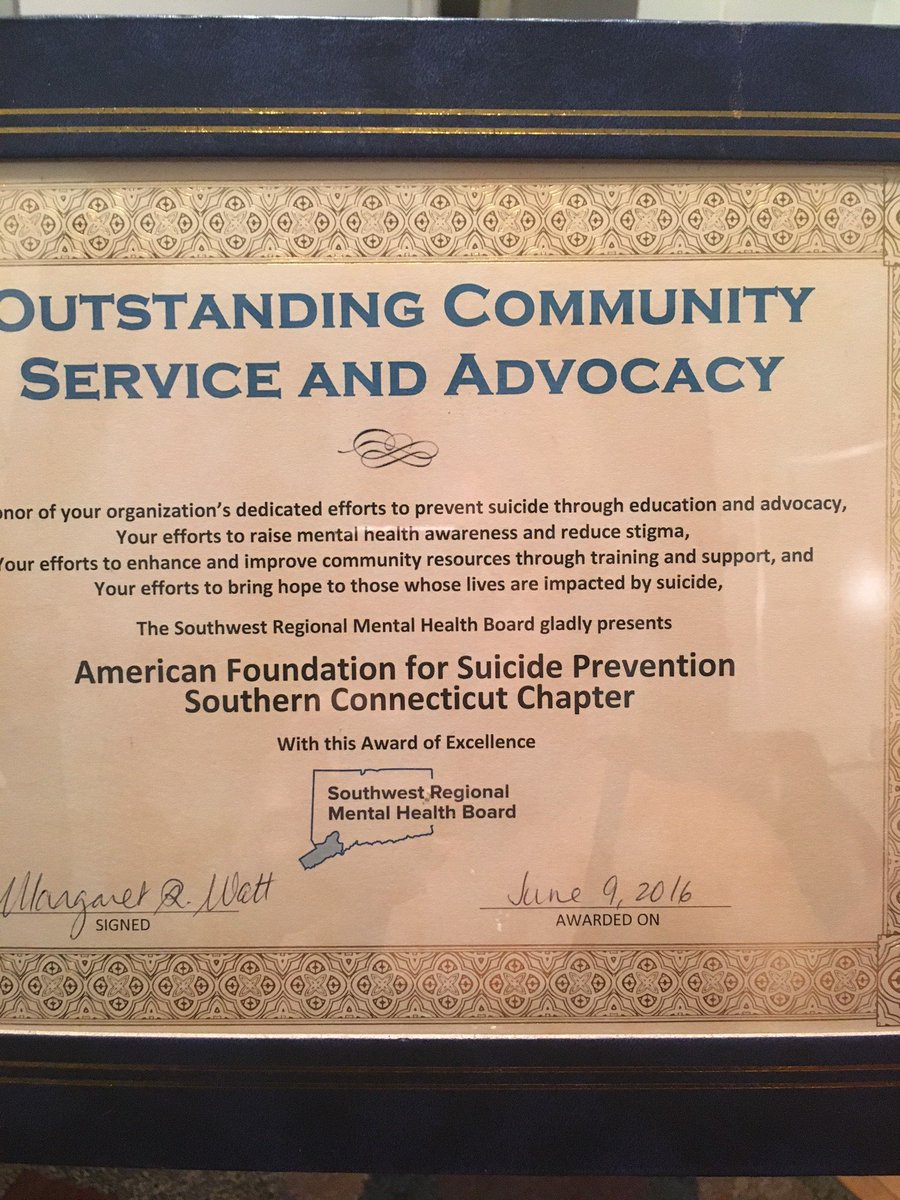 AFSP_SoCT's tweet photo. AFSP Southern CT was honored at the SRMHB on Thurs, June 9th for Outstanding Community Service and Advocacy https://t.co/QCLnYz9n9Y