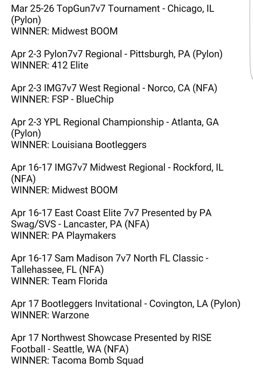 7on7s's tweet photo. FINAL 2016 Pylon &amp; NFA Regular Season Results: #7v7Nation🏈 https://t.co/5peXKr6Tip