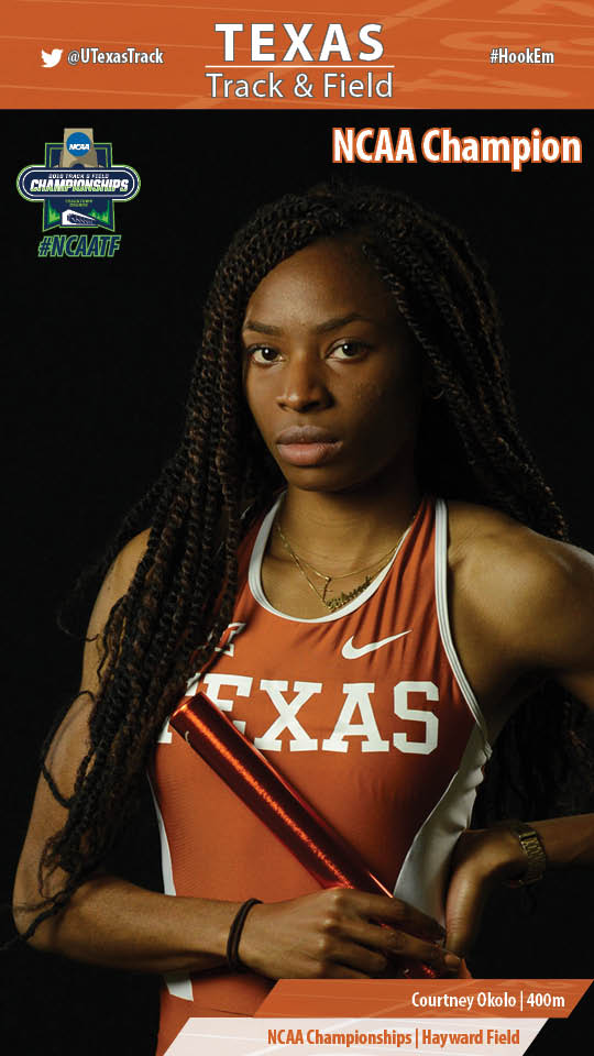 TexasTFXC's tweet image. OKOLO wins again! Clocks 50.36. She now owns 4 of top 10 times in collegiate history! #HookEm #NCAATF