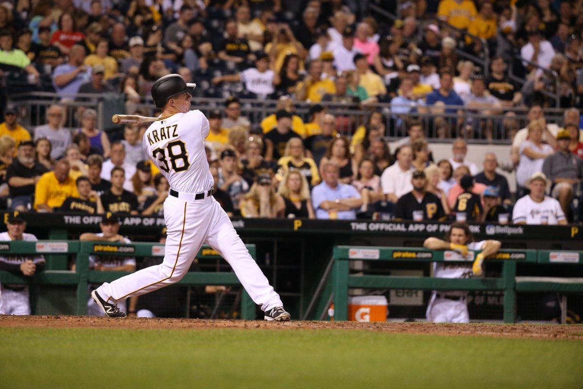 Pirates's tweet photo. Erik Kratz makes his Bucco return as he replaces Stew in the 8th behind the dish &amp; lead off the bot half
#LetsGoBucs https://t.co/uv69JjRp49