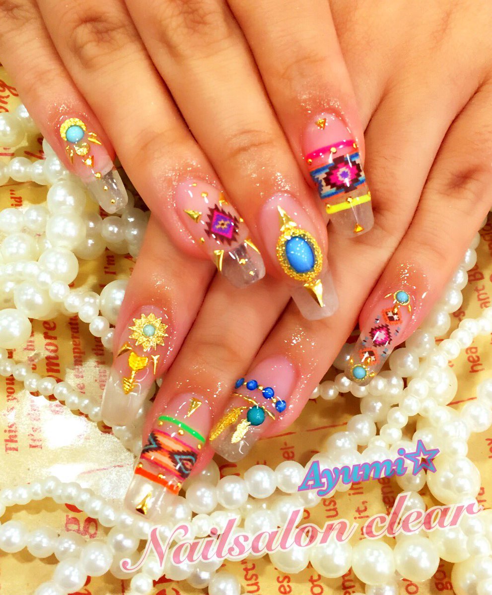 Nailsalon Clear11 على تويتر またまたエスニックネイル この前載せたやつのスクエアバージョンで上のデザインをちょい変えて 可愛いぃ ネイル ネイルデザイン ネイルアート ジェルネイル エスニックネイル スクエア