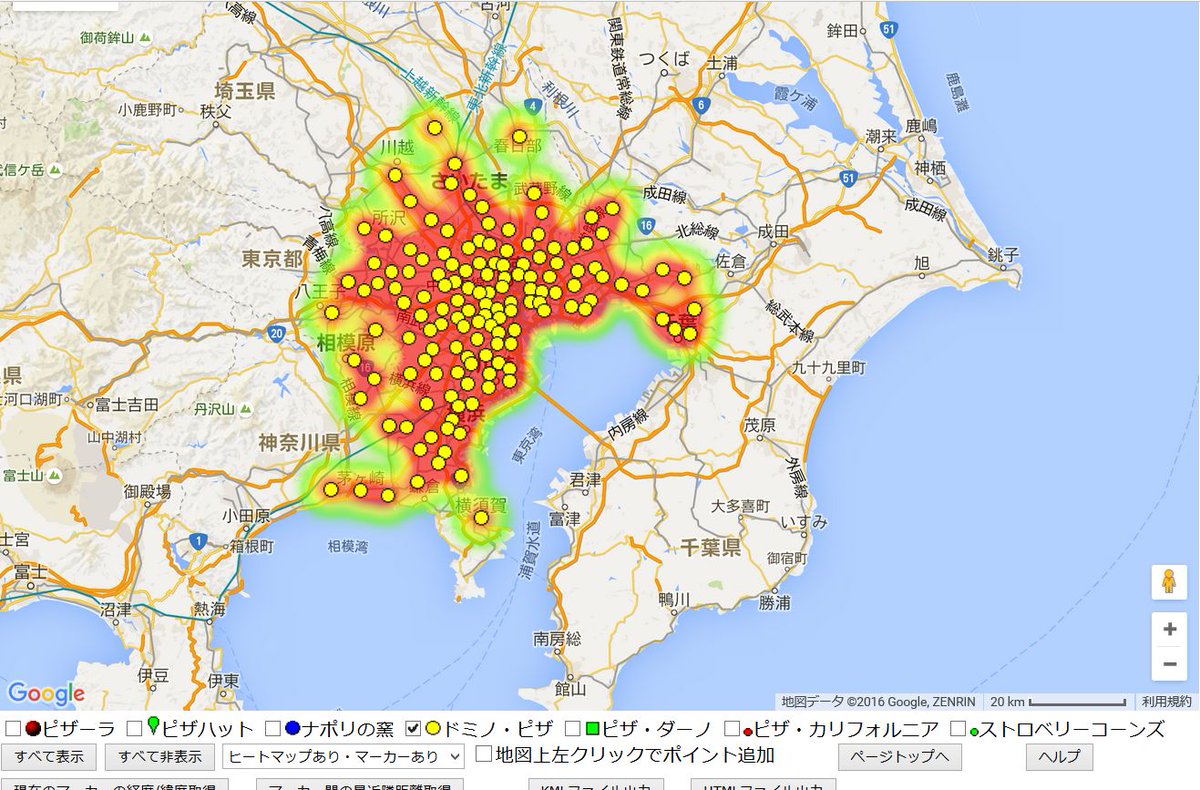 ジオコーディングと地図化」サイトで、ヒートマップでの表示ができるようになりました。https://t.co/8tLCMSaDQT