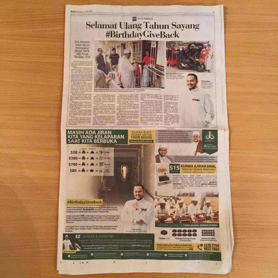 The article is so big! I'm so proud to be part of <a href="/bapa_sg/">bapa.org.sg</a>'s Ramadan campaign. #BirthdayGiveBack