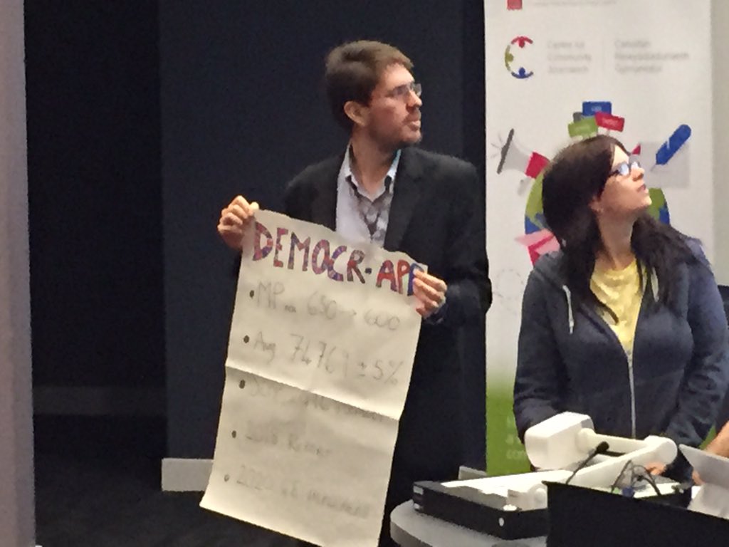 C4CJ's tweet photo. Team Democr-app! Idea arose from issue of cutting number of MPs and redrawing electoral boundaries #HTL16 https://t.co/Wrls8TcxMi