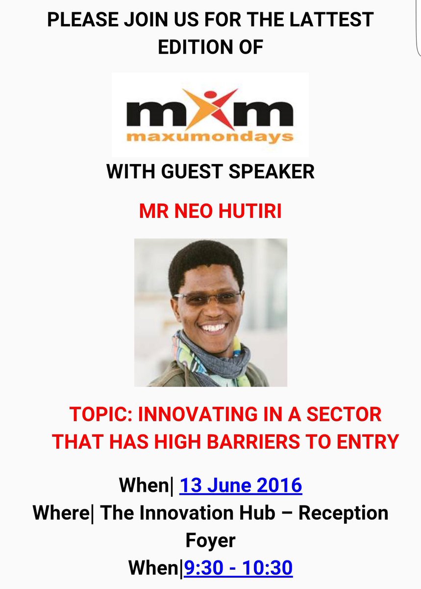 InnovHub's tweet photo. Don't forget to to join us for free coffee & inspirational message from #HackJozi winner @NeoValHut #MaxumMondays https://t.co/OZ9rE4IHyF