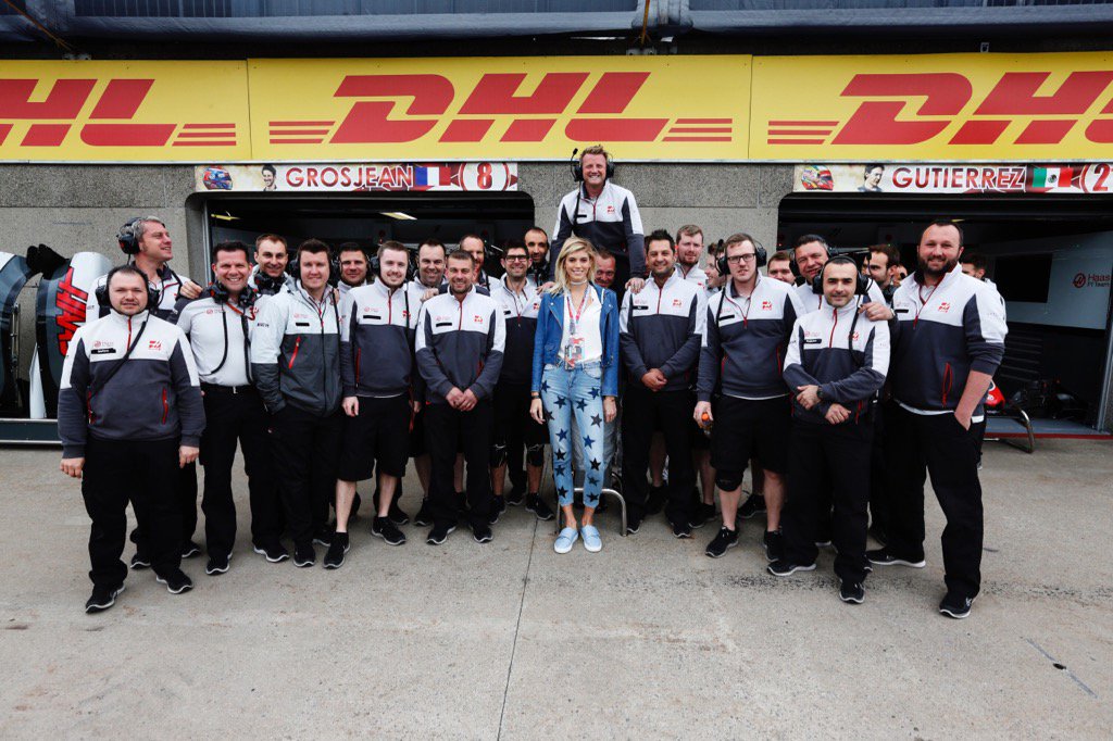 HaasF1Team's tweet photo. We were delighted to host American model @devwindsor in the garage this morning. Enjoy the race. #CanadianGP #HaasF1 https://t.co/xGzXjRa7YN