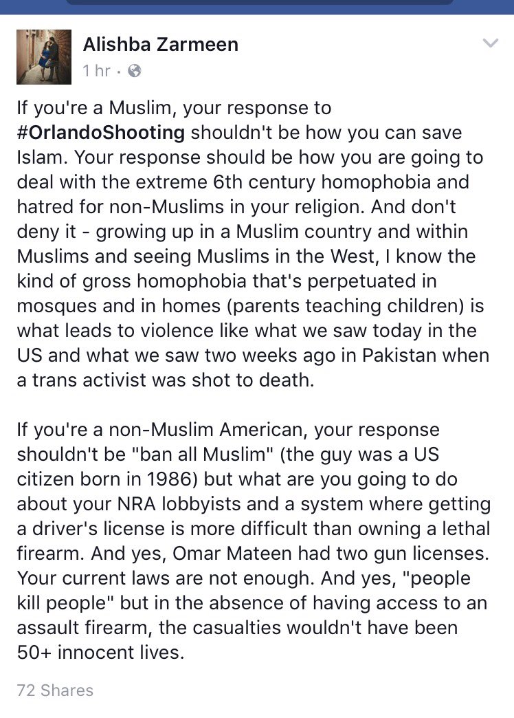 aliamjadrizvi's tweet photo. A US-born pious Muslim gay-hater, legal gun-owner, not illegal nor refugee. Both left, right must rethink:

#Orlando https://t.co/7O1CkzLogg