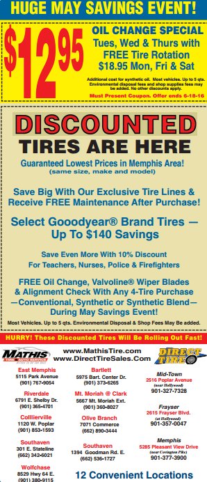 #SaveBig #TireDiscounts #OilChange discounts. Visit our website for more information: mathistire.com/coupons-rebates