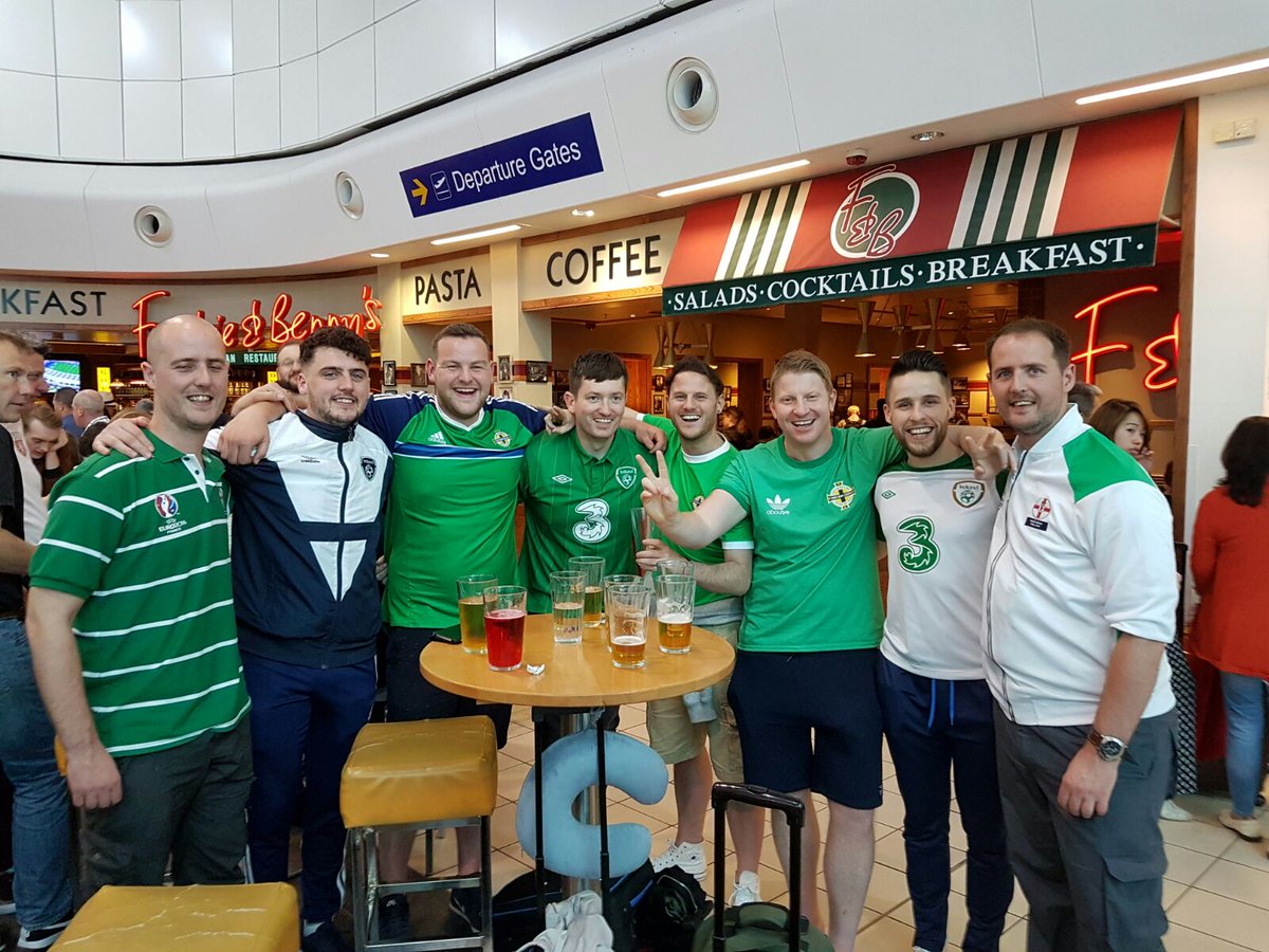 Fierce rivalry between in NI and ROI fans at Luton Airport.  #euro2016 #NI #GAWA #ROI Class craic!