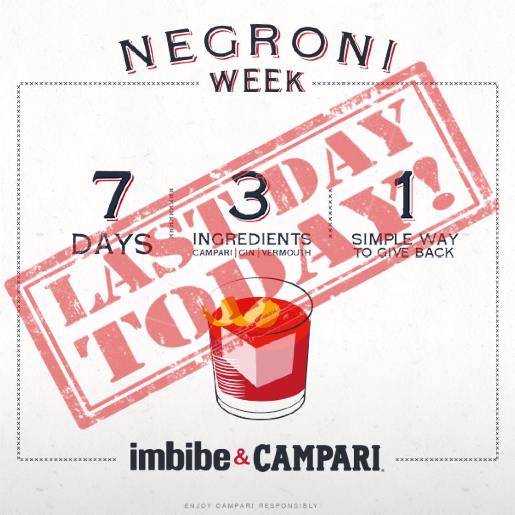 negroniweeksv's tweet photo. Last day of #negroniweek! Close the week strong w/ 1 more day raising 💰 for charity! #negroniweeksv #drinkforacause https://t.co/tF1oV7hMid