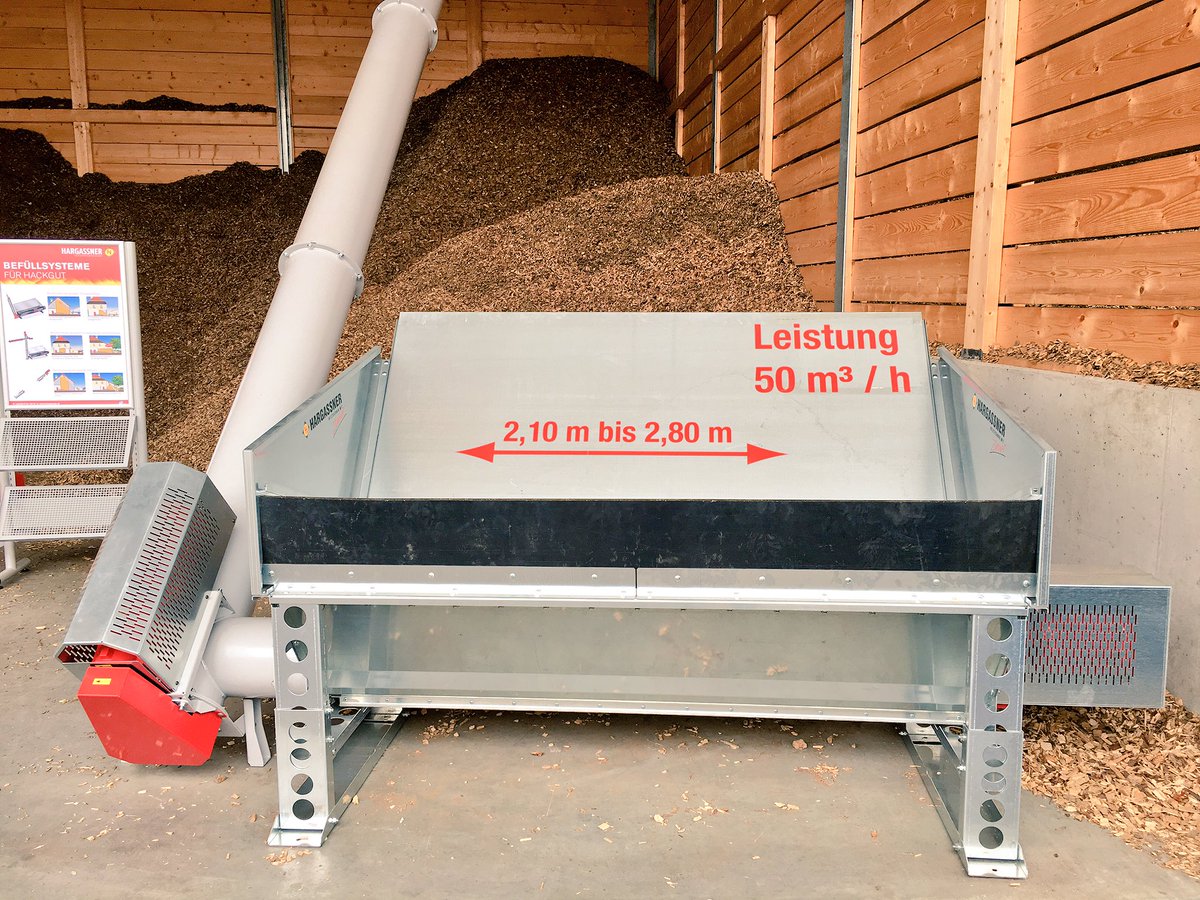 Nieuwe Hargassner houtsnippers bunkervulsysteem met een vulsnelheid van 50 m3/h.