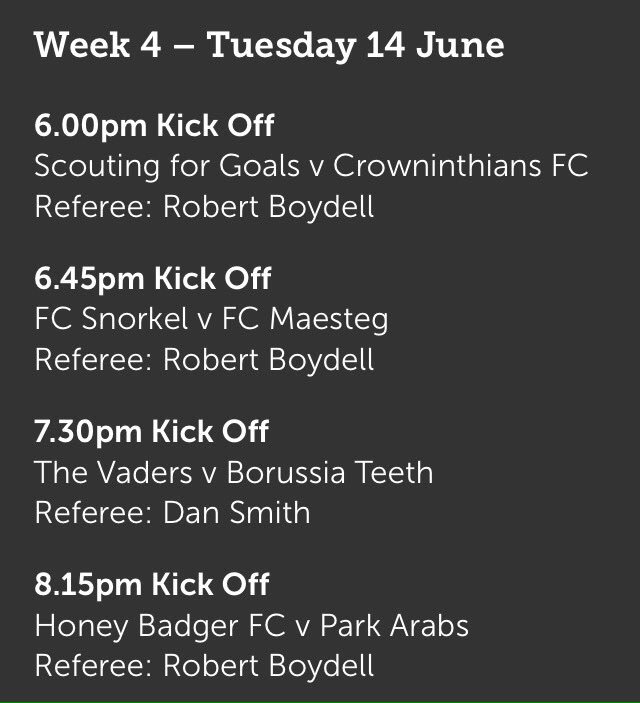 Week 4 (Tuesday) fixtures: