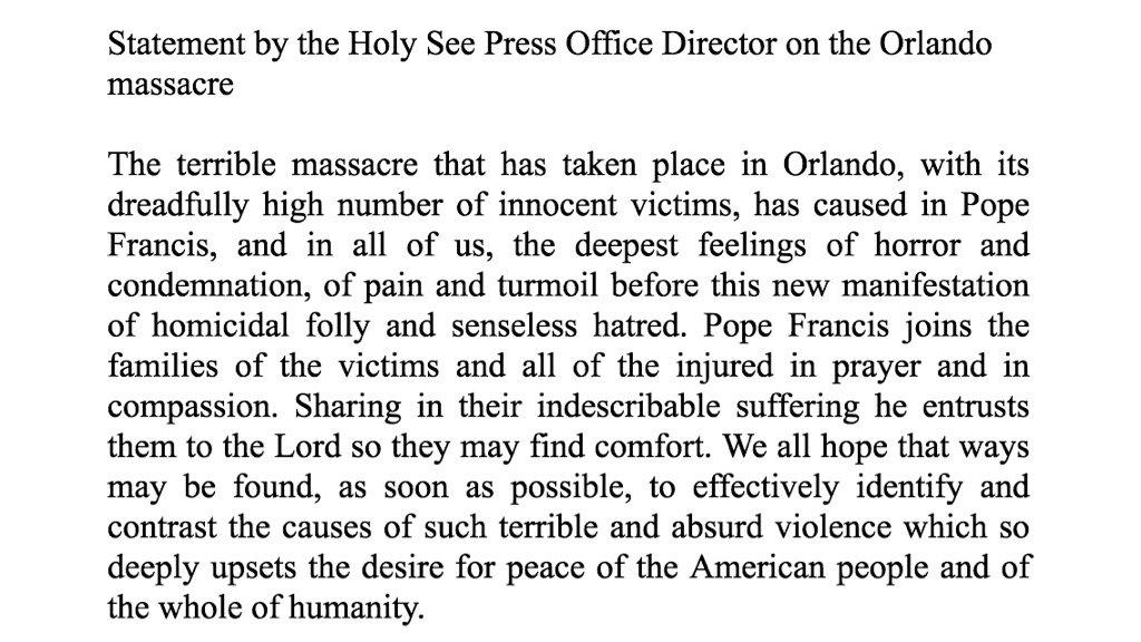maryshovlain's tweet photo. Pope Francis prays for victims of Orlando shooting and their families and all those injured https://t.co/56fABxHJFl