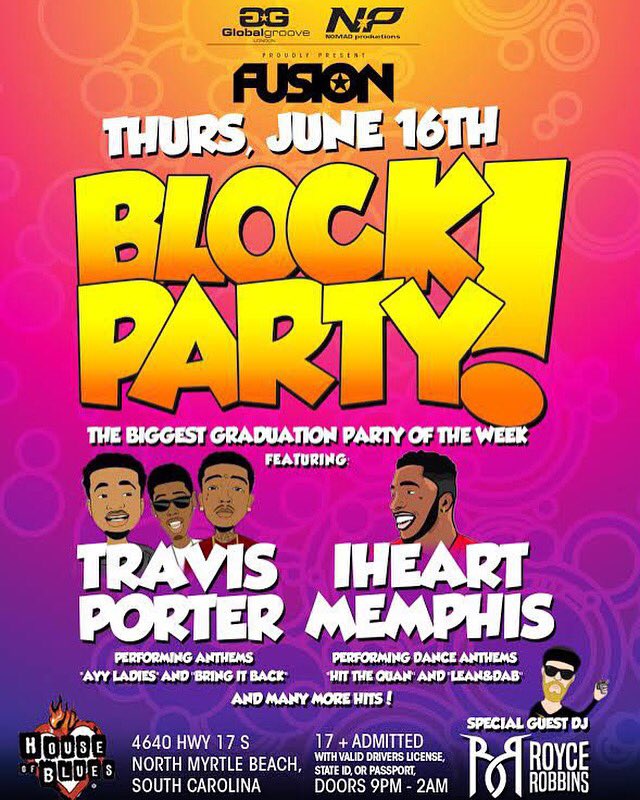 THURSDAY JUNE 16TH!
<a href="/TravisPorter/">Travy</a> / <a href="/iHeartMemphis/">iheartMemphis</a> at House of Blues Myrtle Beach!
👇TICKETS👇
glo.st/TravPort