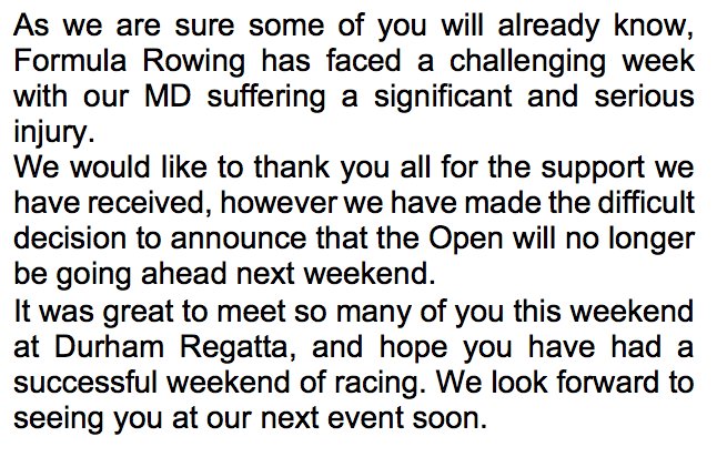 Official update concerning the Formula Rowing Open on 19th June.