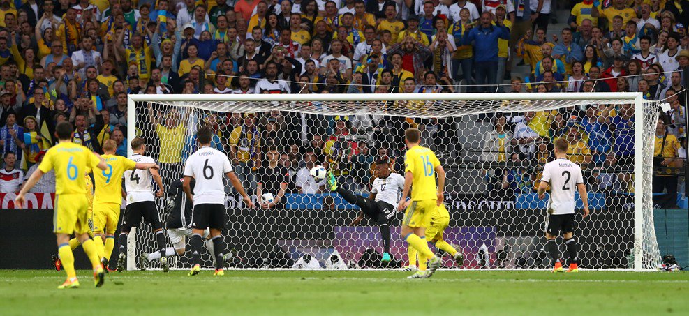 Jerome Boateng uses all his athleticism to clear off the line. #EURO2016 #GERUKR