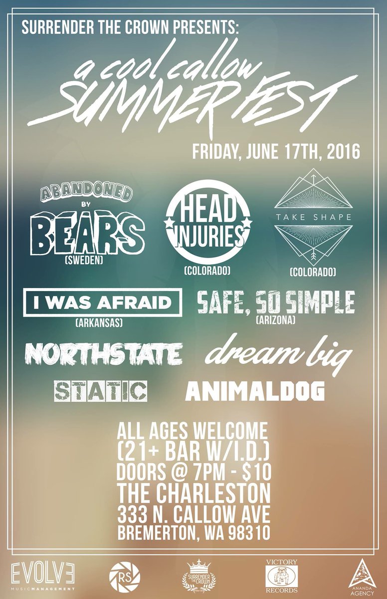 Fri. at The Charleston!  <a href="/AbandonedByBear/">Abandoned By Bears</a> <a href="/SafeSoSimple/">Safe So Simple</a> <a href="/HeadInjuries/">Head Injuries</a> <a href="/IWasAfraid/">I Was Afraid</a> <a href="/NORTHSTATEWA/">NORTHSTATE</a> @ANIMALDOG_BAND $10