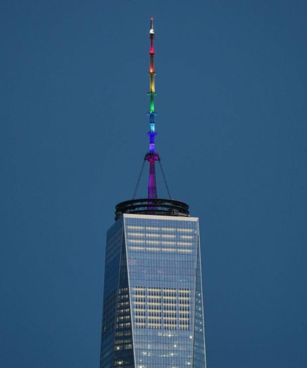 One World Trade Center lit up in rainbow colors in a show of solidarity. (Maximusupinnyc/Instagram) #PrayforOrlando