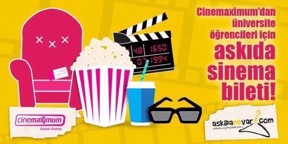 Askıda film var! 
<a href="/cinemaximum/">cinemaximum</a>'u takip edip bu tweet'i
RT'leyen 10 üniversiteliye çift kişilik sinema bileti hediye!