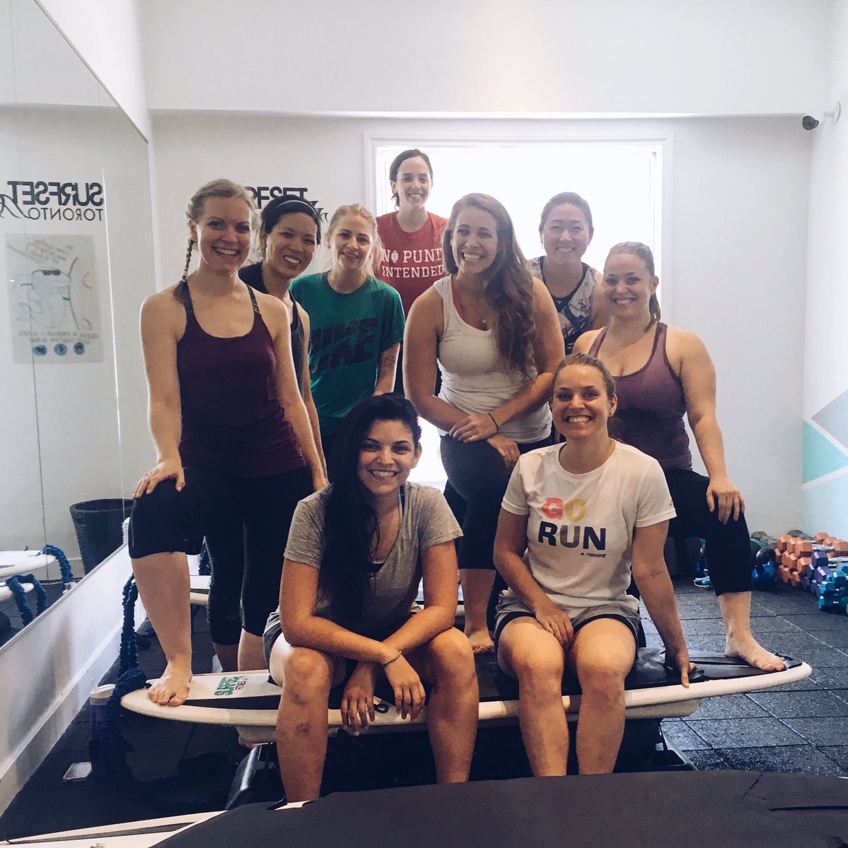 offbriefrunning's tweet image. Our first non-running workout at @SurfsetTO! We're basically pro surfers now... 💁🏼🏄🏼 #Surfset #groupexercise #soreAF