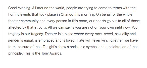 nytimesarts's tweet image. James Corden's opening remarks at the #TonyAwards: "Hate will never win" nyti.ms/1rktsCf