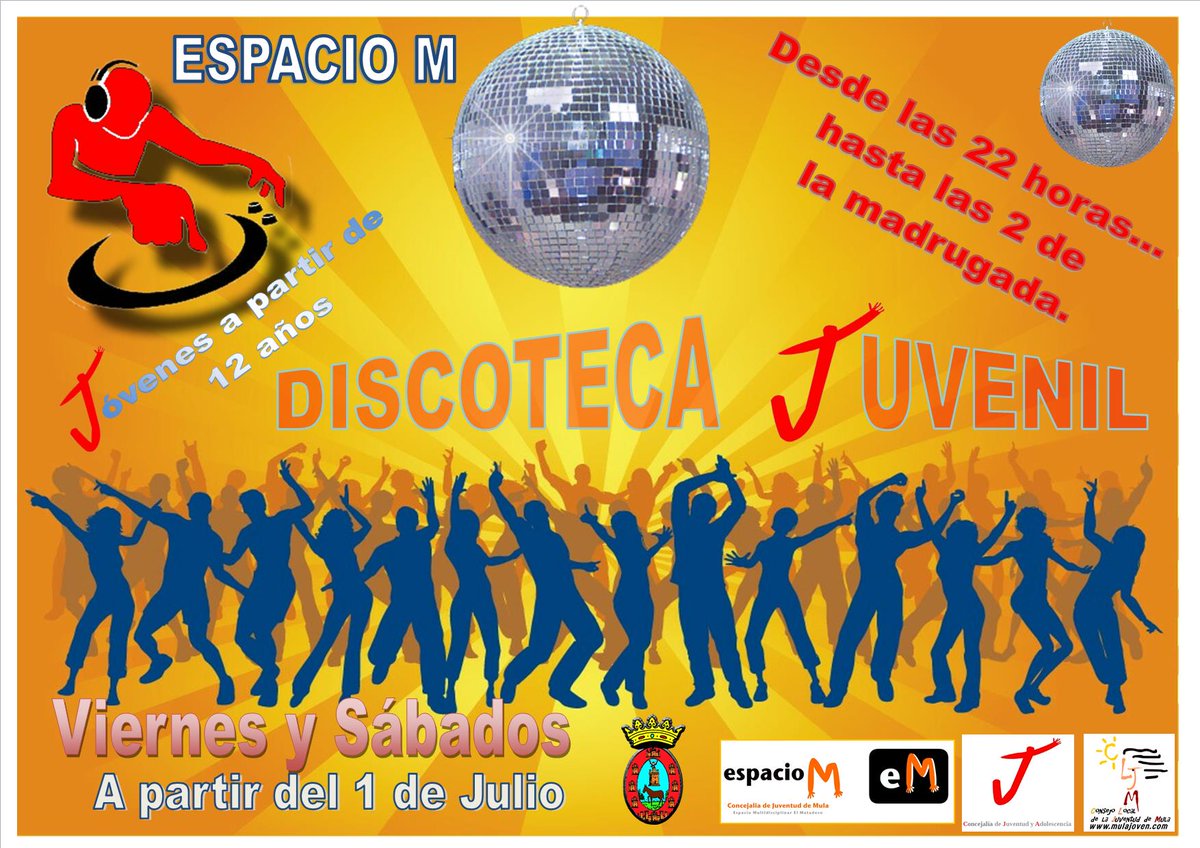 Discoteca juvenil. Los viernes y sábados a partir del 1 de julio. Para mayores de 12 años. Ven al espacio M.