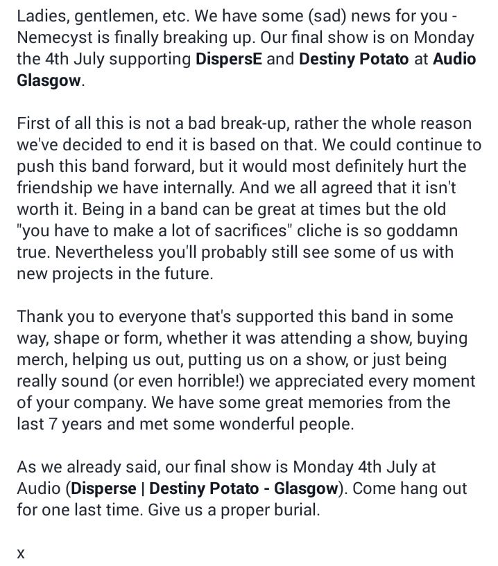 yoyoyo. it's been great fun but its time to finally execute this band. last show july 4th!