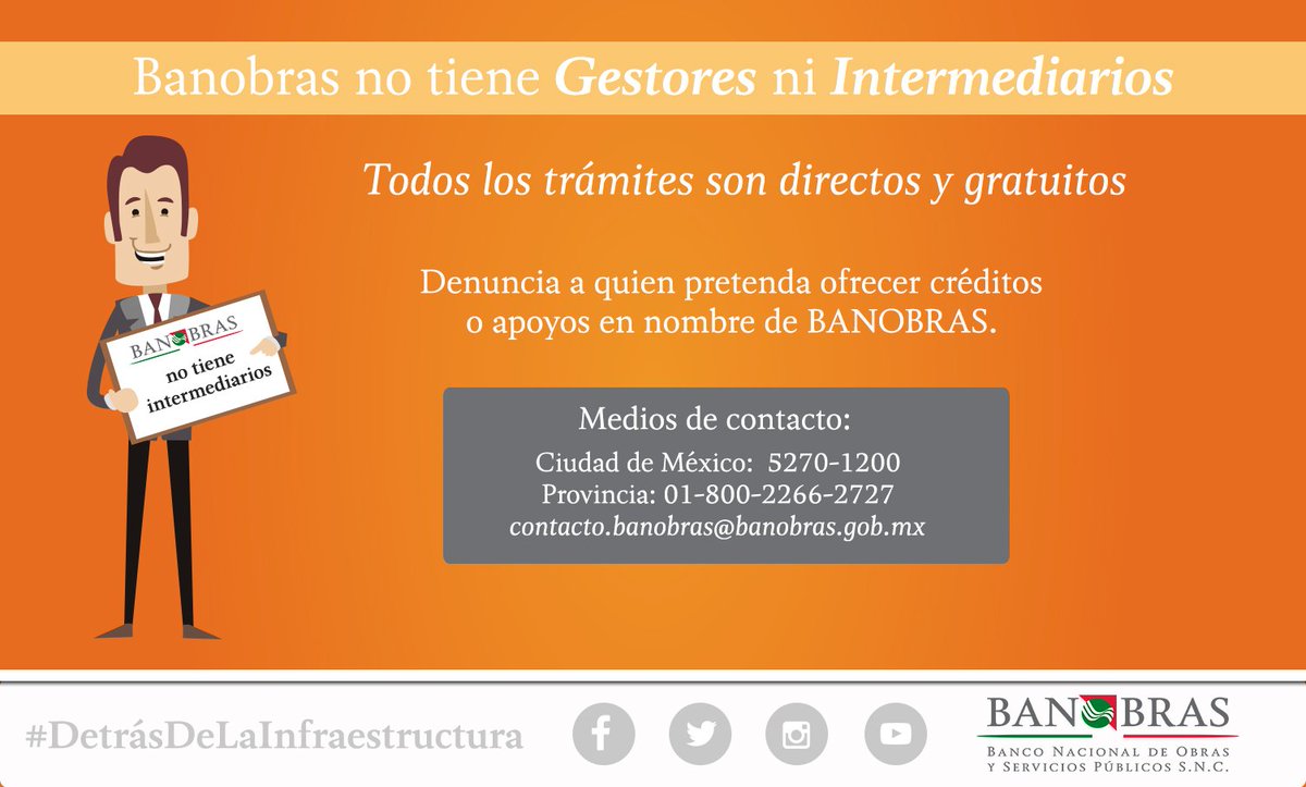 Banobras_mx's tweet photo. #BanobrasInforma No tenemos Gestores ni Intermediaros, todos nuestros trámites son directos y gratuitos. https://t.co/WiWnrTDk47