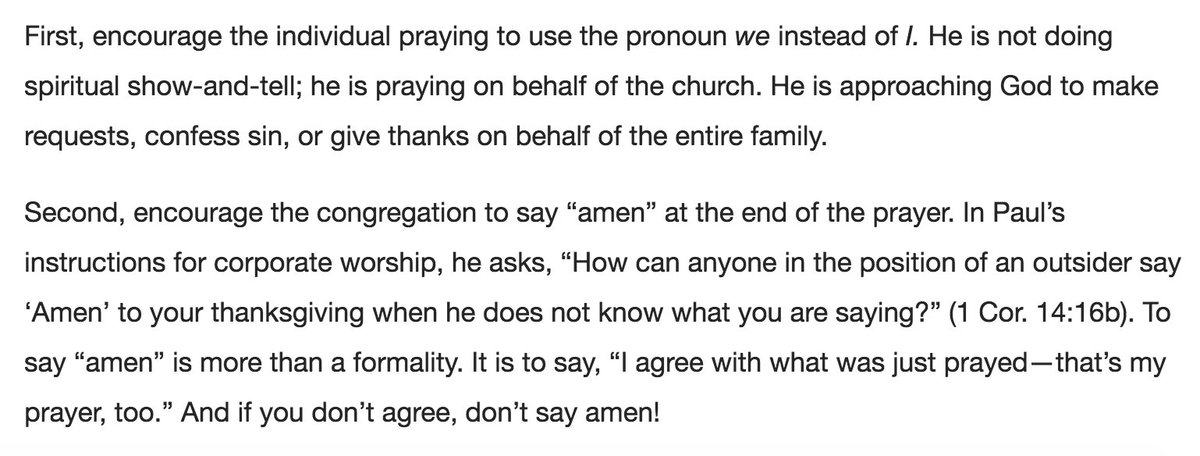 9Marks's tweet photo. Two practical ways to improve corporate prayers:

1. Pray “we,” not “I.”
2. Teach the congregation to say “amen.” https://t.co/kOyG9at5UF