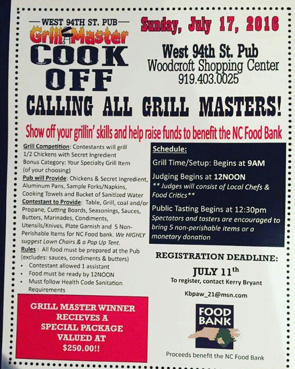 durhamfoodie's tweet photo. Icymi: Sign up by 7/11 for @West94StPub #GrillMaster #CookOff 7/17. Proceeds benefit @foodbankcenc #grillingforgood https://t.co/VXWPq4u3ac