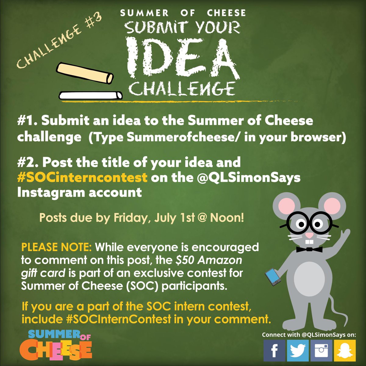 QLSimonSays's tweet photo. Hey Interns, It's time for Challenge #3! Submit your idea for #SummerOfCheese. #SOC2016 #SOCInternContest https://t.co/4iTQtO7mxe